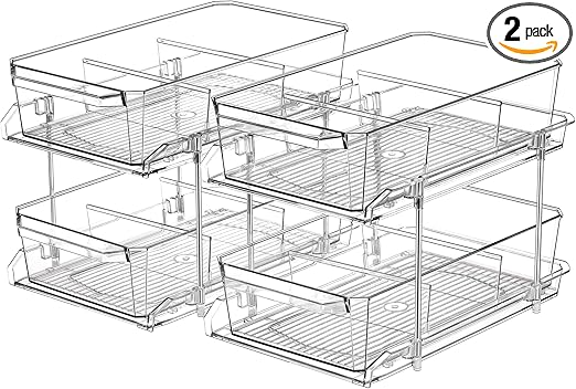 2 Set, 2 Tier Clear Organizer with Dividers for Cabinet, Shlef, Counter - MultiUse Slide-Out Storage Container - Kitchen, Pantry, Medicine Cupboard Bins, Bathroom, Vanity Makeup, Under Sink Organizing