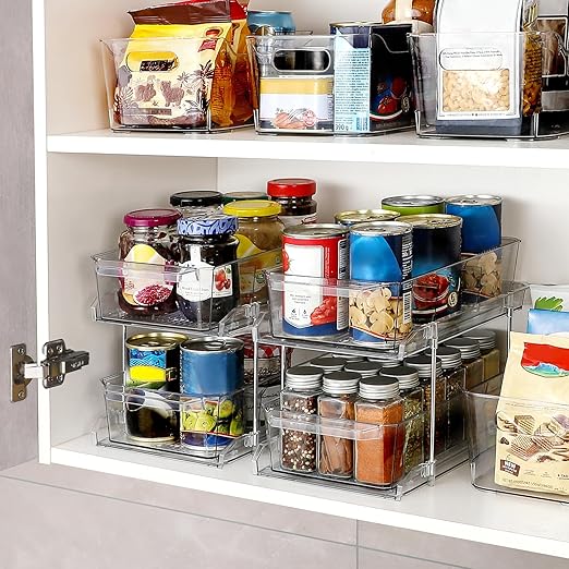 2 Set, 2 Tier Clear Organizer with Dividers for Cabinet, Shlef, Counter - MultiUse Slide-Out Storage Container - Kitchen, Pantry, Medicine Cupboard Bins, Bathroom, Vanity Makeup, Under Sink Organizing